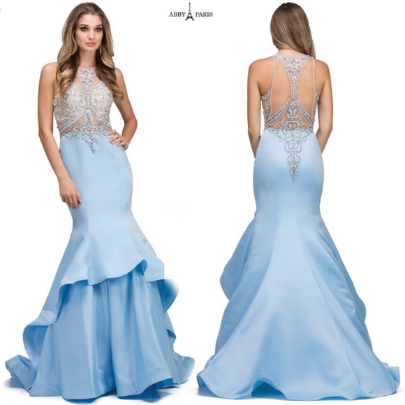 Abby Paris Longs by Lucci Lu NWat blue beaded pageant prom gown fit and flare 14 - Picture 1 of 5
